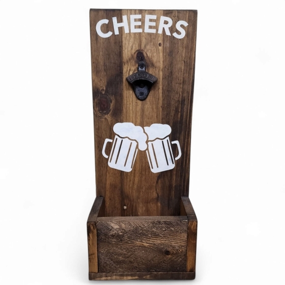 Other - Rustic Wooden Wall Mounted Bottle Opener with Cap Catcher